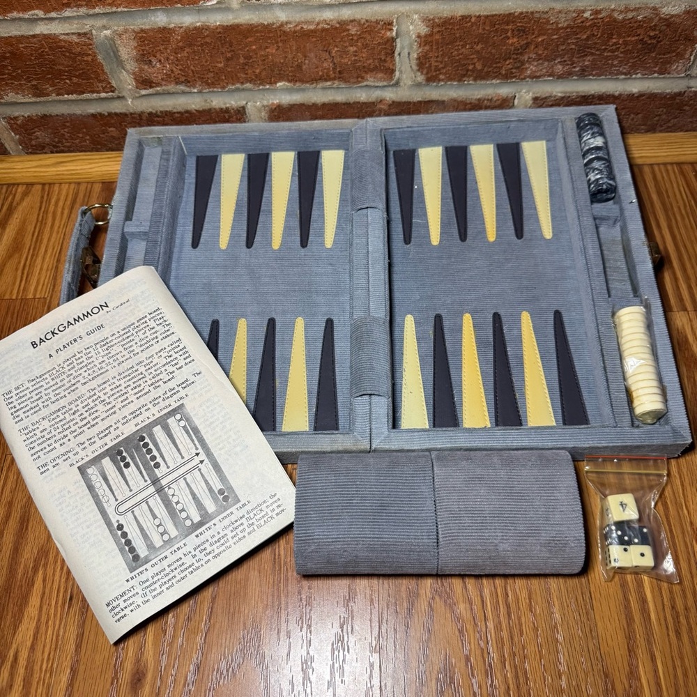 VTG Cardinal Backgammon Set Blue Grey Corduroy Case Retro Fair Travel Game Decor